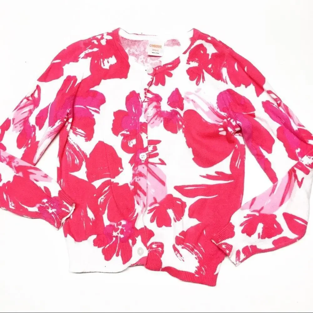 Gymboree Pink Flower Cardigan sz XS 4 Pink Sweater Long Sleeve Knit